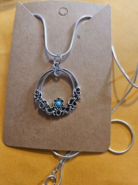 Silver Floral Hoop Pendant Necklace with Turquoise Accent